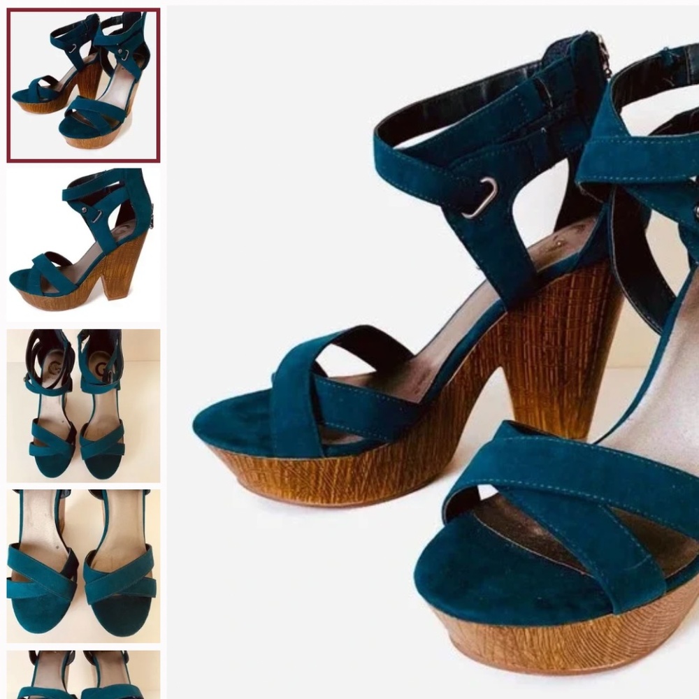 Guess Y2K Teal Suede Strappy Zip Back Wooden Platform High Heel Size 9M - Picture 2 of 2